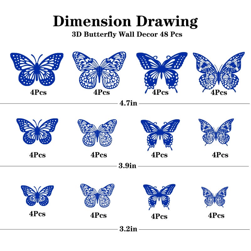 Meikeer 3D Butterfly Wall Decor 48 Pcs 4 Styles 3 Sizes  for Birthday Decorations Party Decorations  Removable Wall Stickers Interior Decoracions Kids Nursery Classroom Wedding Decor (Sapphire Blue) - Image 2