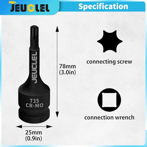 JEUCLEL T35 Torx Bit Socket, 1/2" Drive Torx Star 6 Point Impact Bit Socket, 3-Inch, Cr-Mo Steel, Screwdriver Adapter for Electric Ratchet Wrenches Fastening Screws Hand Repair - Image 2
