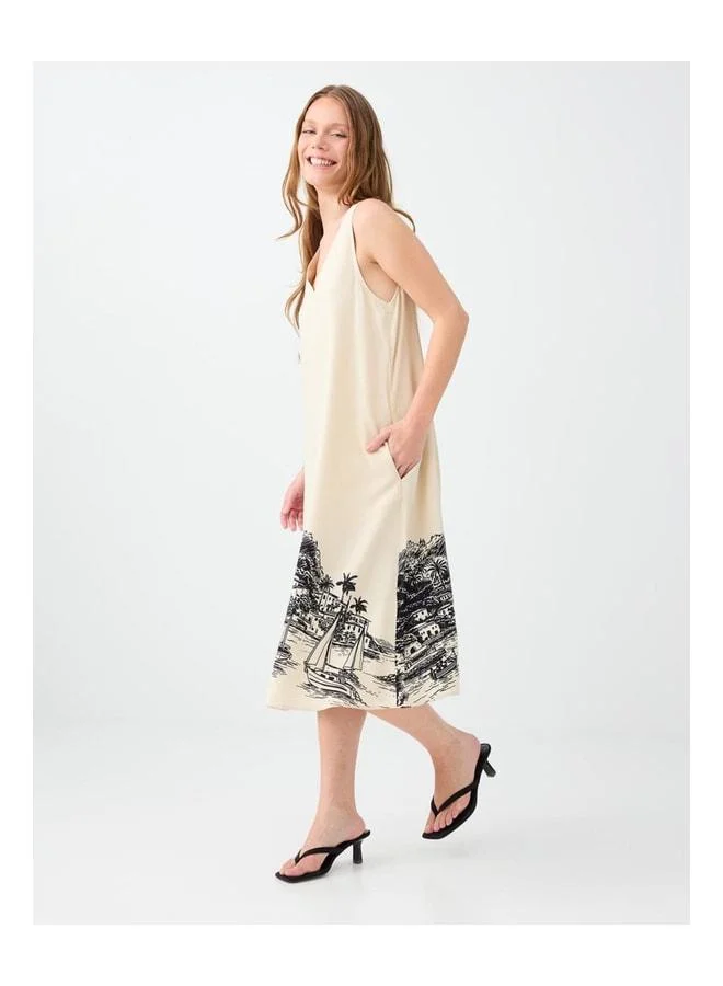 Jimmy Key Stone Linen Blend V-Neck Patterned Midi Dress.