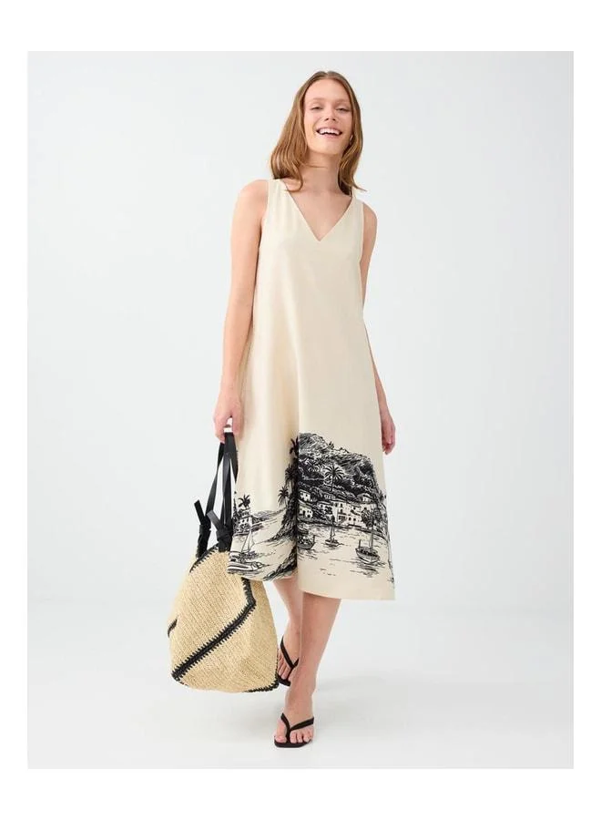 Jimmy Key Stone Linen Blend V-Neck Patterned Midi Dress.