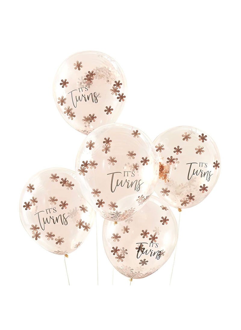 Ginger Ray It's Twins Confetti Balloons with Rose Gold Flowers 30cm 5-Pack - Image 1