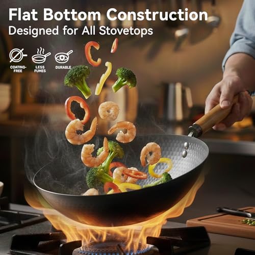 WANGYUANJI Carbon Steel Wok Pan with Lid, 12.6" Hammered Stir Fry Pan, Thickened Heavy Duty Flat Bottom Wok for Electric, Induction & Gas Stoves, Detachable Wood Handle, No Chemical Coating (Black) - Image 4