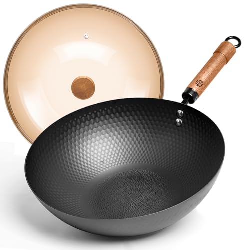 WANGYUANJI Carbon Steel Wok Pan with Lid, 12.6" Hammered Stir Fry Pan, Thickened Heavy Duty Flat Bottom Wok for Electric, Induction & Gas Stoves, Detachable Wood Handle, No Chemical Coating (Black) - Image 1