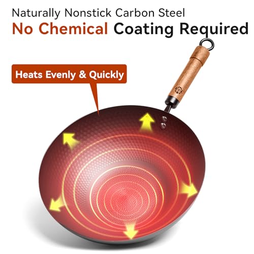 WANGYUANJI Carbon Steel Wok Pan with Lid, 12.6" Hammered Stir Fry Pan, Thickened Heavy Duty Flat Bottom Wok for Electric, Induction & Gas Stoves, Detachable Wood Handle, No Chemical Coating (Black) - Image 3