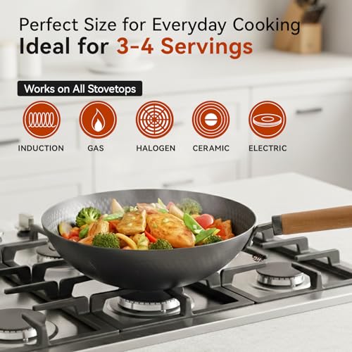 WANGYUANJI Carbon Steel Wok Pan with Lid, 12.6" Hammered Stir Fry Pan, Thickened Heavy Duty Flat Bottom Wok for Electric, Induction & Gas Stoves, Detachable Wood Handle, No Chemical Coating (Black) - Image 2
