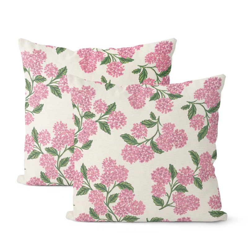 DAFENA Preppy Pink Spring Pillow Covers 18x18 Inch 2 Pcs Green Hydrangea Flower Decor Throw Pillows Vintage Floral Seasonal Summer Outdoor Decoration Pillowcase Linen Cushion Cover for Couch Sofa - Image 1