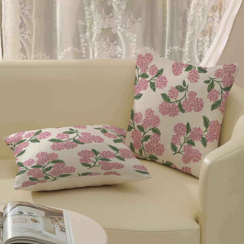 DAFENA Preppy Pink Spring Pillow Covers 18x18 Inch 2 Pcs Green Hydrangea Flower Decor Throw Pillows Vintage Floral Seasonal Summer Outdoor Decoration Pillowcase Linen Cushion Cover for Couch Sofa - Image 4