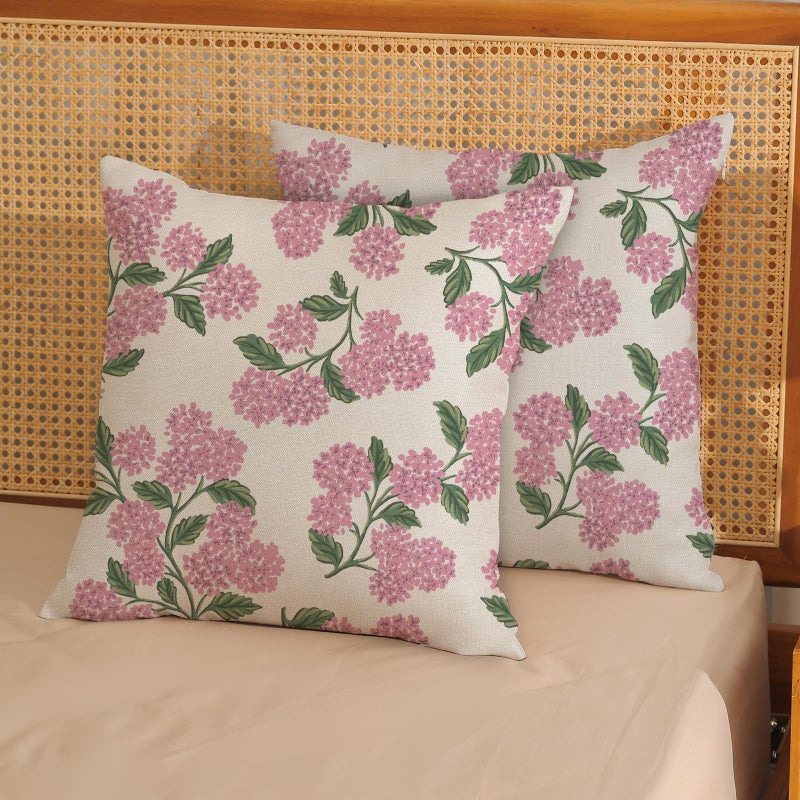 DAFENA Preppy Pink Spring Pillow Covers 18x18 Inch 2 Pcs Green Hydrangea Flower Decor Throw Pillows Vintage Floral Seasonal Summer Outdoor Decoration Pillowcase Linen Cushion Cover for Couch Sofa - Image 2