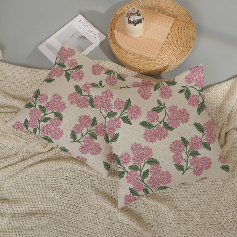 DAFENA Preppy Pink Spring Pillow Covers 18x18 Inch 2 Pcs Green Hydrangea Flower Decor Throw Pillows Vintage Floral Seasonal Summer Outdoor Decoration Pillowcase Linen Cushion Cover for Couch Sofa - Image 5