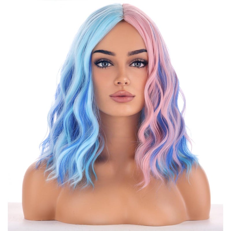 BERON Blue and Pink Wigs for Women Short Curly Bob Wavy Wig Girls Colorful Body Heat Resistant Synthetic Hair Wig Cosplay Daily Party Wigs