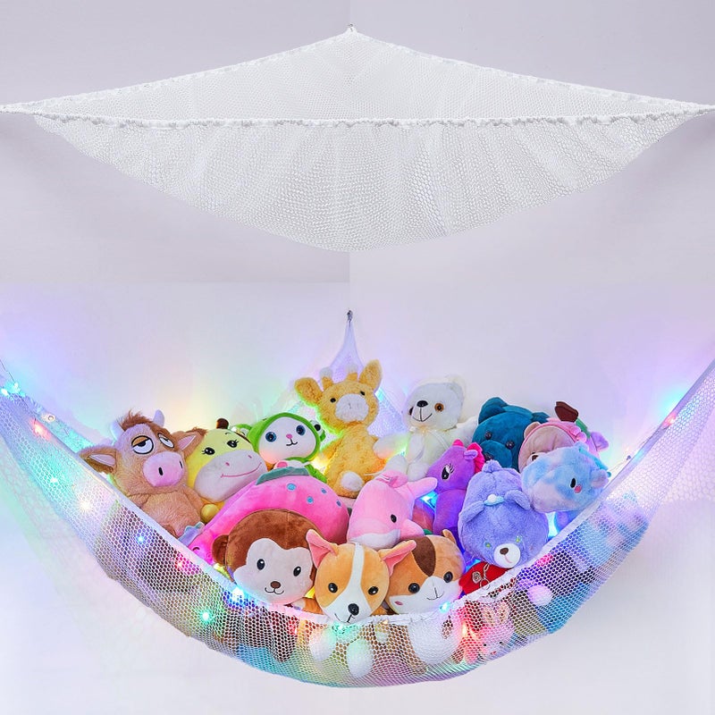 Basumee Stuffed Animals Net or Hammock with LED Light Hanging Toy Net Hammock for Stuffed Animals Storage Stuff Animals Hammocks for Nursery Kids Room with Remote Control 8 Kinds of LightsPack of 1
