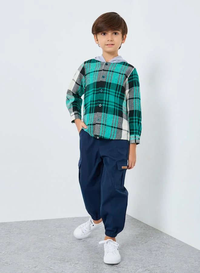 Styli Styli Boys Checked Hooded Shirt and Cargo Pants Set