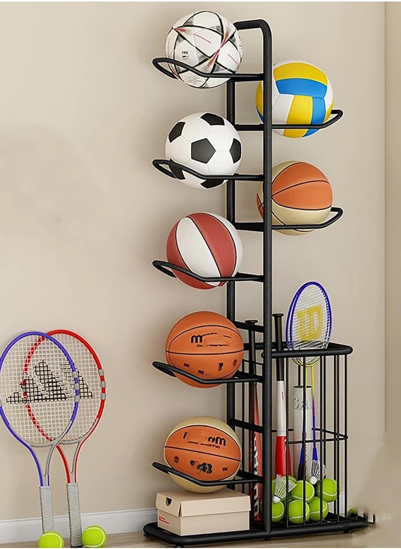 AIWANTO Multifunctional Sports Storage Rack Basketball Soccer Volleyball Badminton Racket Cricket Football Indoor Home Simple Design Black 146 CM  - Image 1