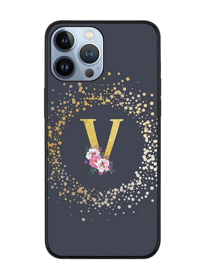 Stylizedd Rugged Black edge case for Apple iPhone 13 Pro Max Slim fit Soft Case Flexible Rubber Edges TPU Gel Thin Cover - Custom Monogram Initial Letter Floral Pattern Alphabet - V (Grey) - Image 1