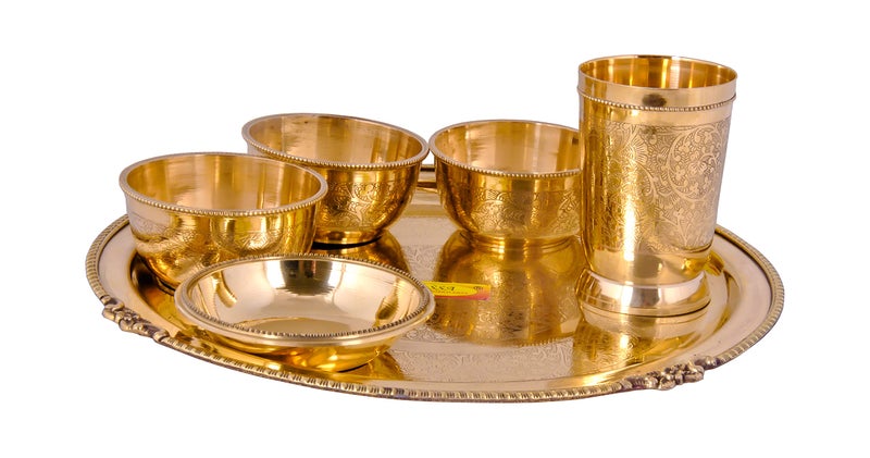 Shiv Shakti Arts® Pure Brass Thali Set | Dinner Set | 6 Pieces (Embossed Flower Eatching Design - Pital | Brass Dinnerware Set, for Gifting Diwali Special. - Image 3