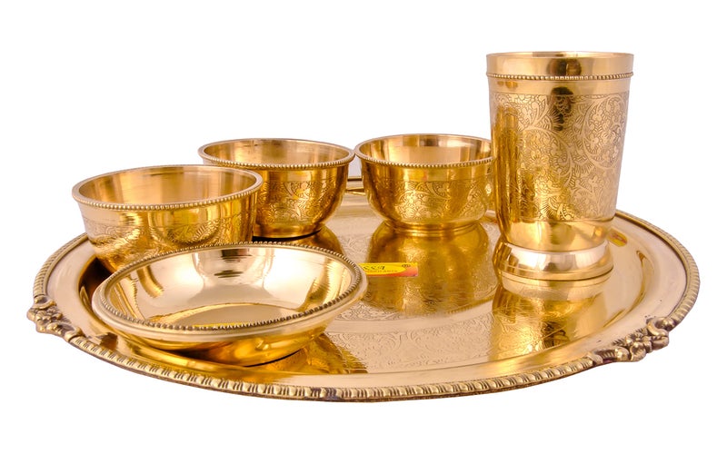 Shiv Shakti Arts® Pure Brass Thali Set | Dinner Set | 6 Pieces (Embossed Flower Eatching Design - Pital | Brass Dinnerware Set, for Gifting Diwali Special. - Image 2
