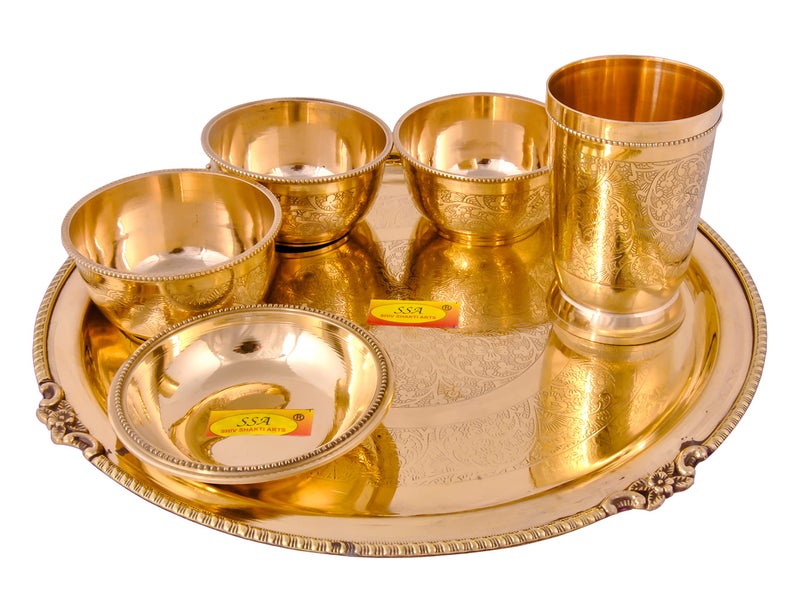 Shiv Shakti Arts® Pure Brass Thali Set | Dinner Set | 6 Pieces (Embossed Flower Eatching Design - Pital | Brass Dinnerware Set, for Gifting Diwali Special. - Image 1