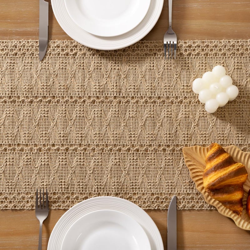 Socomi Boho Table Runner Easter Spring Farmhouse Burlap Jute Bamboo Rustic Dining Kitchen Centerpiece Decor Small Macrame Woven Coffee Table Runner for Dresser Scarf Home Decor 12x72 inch - Image 5