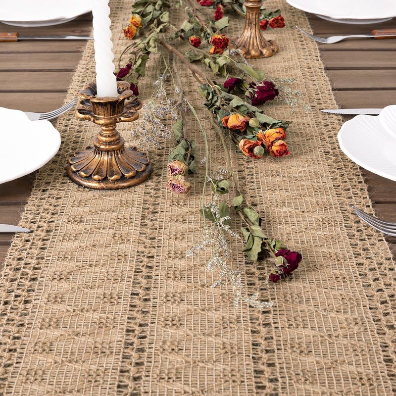 Socomi Boho Table Runner Easter Spring Farmhouse Burlap Jute Bamboo Rustic Dining Kitchen Centerpiece Decor Small Macrame Woven Coffee Table Runner for Dresser Scarf Home Decor 12x72 inch - Image 2