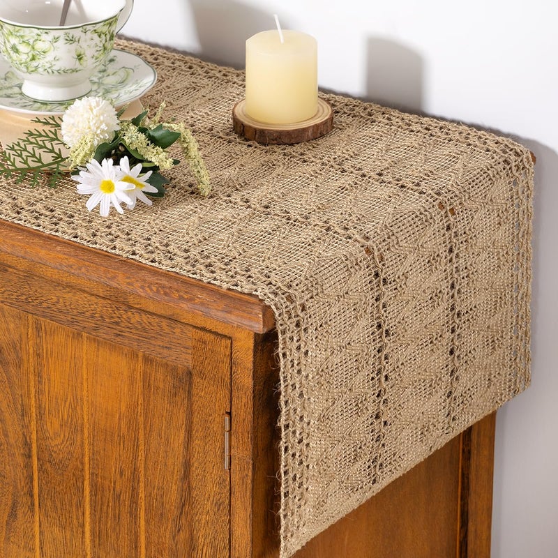 Socomi Boho Table Runner Easter Spring Farmhouse Burlap Jute Bamboo Rustic Dining Kitchen Centerpiece Decor Small Macrame Woven Coffee Table Runner for Dresser Scarf Home Decor 12x72 inch - Image 1