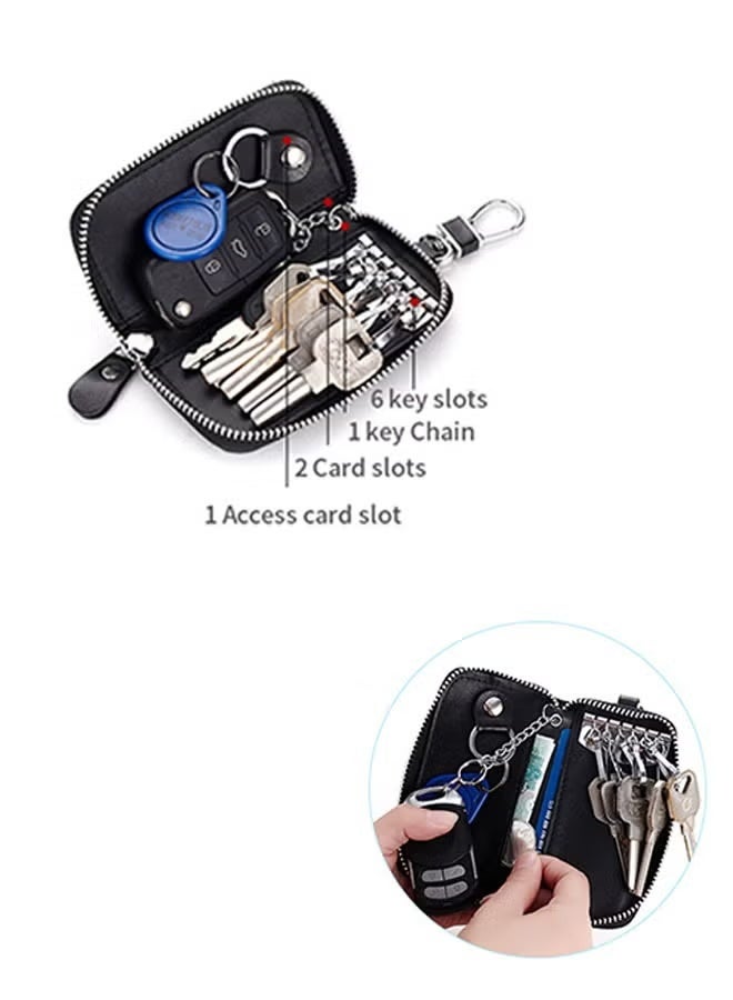حافظة مفاتيح سيارة من الجلد الصناعي، حقيبة مفاتيح سيارة بسحاب، محفظة مفاتيح وبطاقة (أسود) - Image 4