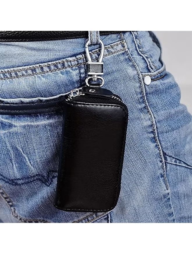 حافظة مفاتيح سيارة من الجلد الصناعي، حقيبة مفاتيح سيارة بسحاب، محفظة مفاتيح وبطاقة (أسود) - Image 5