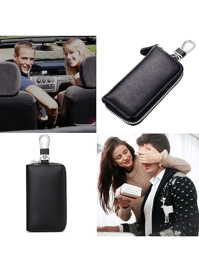حافظة مفاتيح سيارة من الجلد الصناعي، حقيبة مفاتيح سيارة بسحاب، محفظة مفاتيح وبطاقة (أسود) - Image 3