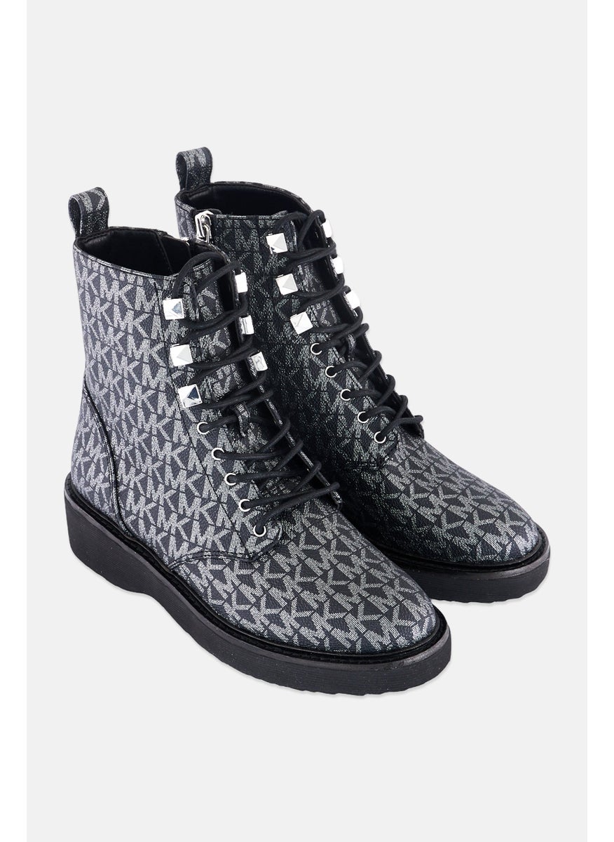 Michael Kors Women Medium Haskell Lace Up Mid Calf Boot, Sliver/Black  - Image 1