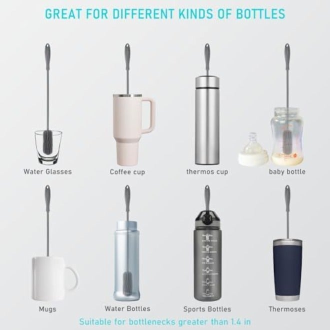 ddLUCK Silicone Bottle Cleaning Brush with Long Handle, Water Bottle Cleaner for Baby Bottles, Hydro Flask, Sports Bottle, Vase, Glassware, Perfect for Smaller Diameter Bottle Openings (Qty 1) (Long Grey) - Image 4