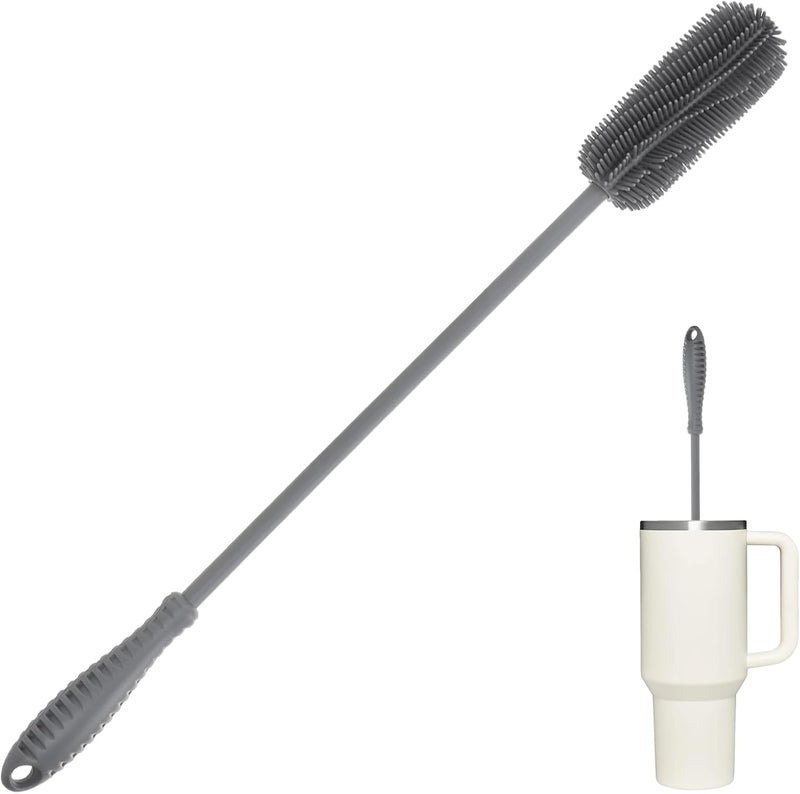 ddLUCK Silicone Bottle Cleaning Brush with Long Handle, Water Bottle Cleaner for Baby Bottles, Hydro Flask, Sports Bottle, Vase, Glassware, Perfect for Smaller Diameter Bottle Openings (Qty 1) (Long Grey) - Image 1