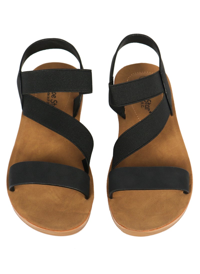 Ladies Flat Sandal Tan/Black straps Open Toe, Casual, Soft