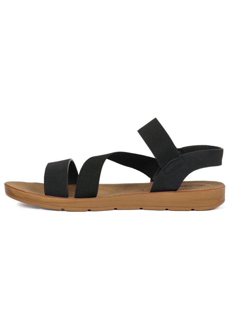 Ladies Flat Sandal Tan/Black straps Open Toe, Casual, Soft