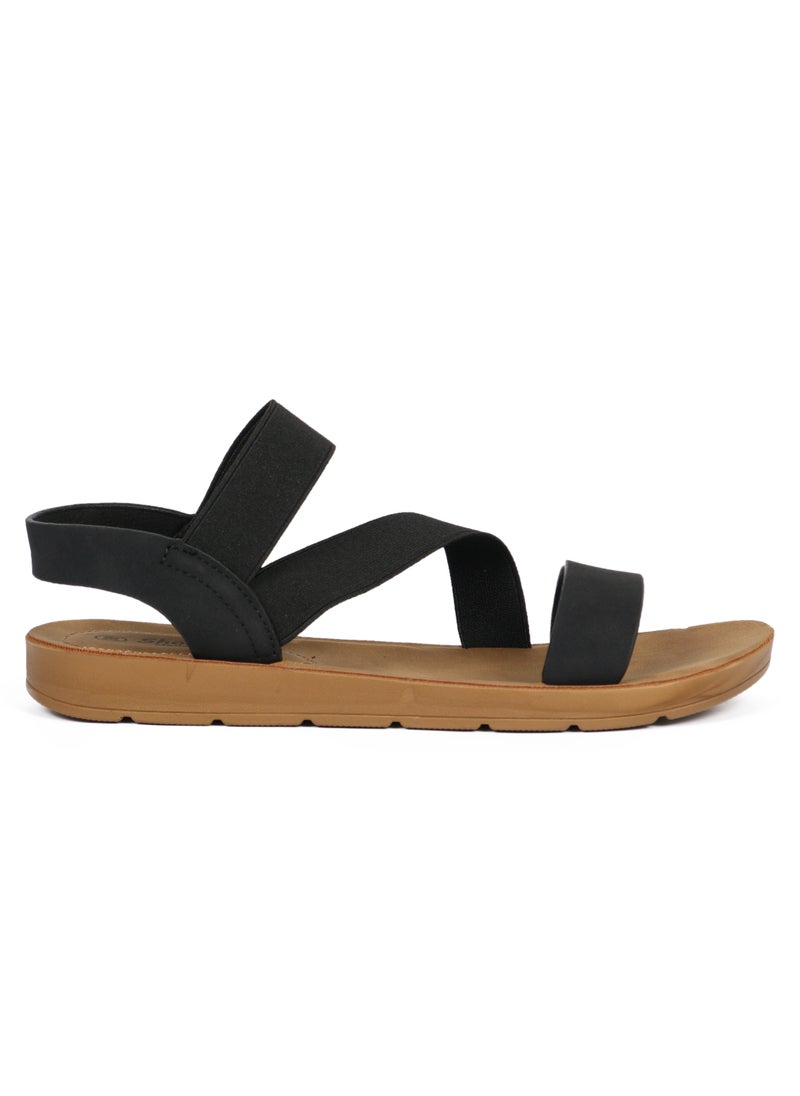 Ladies Flat Sandal Tan/Black straps Open Toe, Casual, Soft
