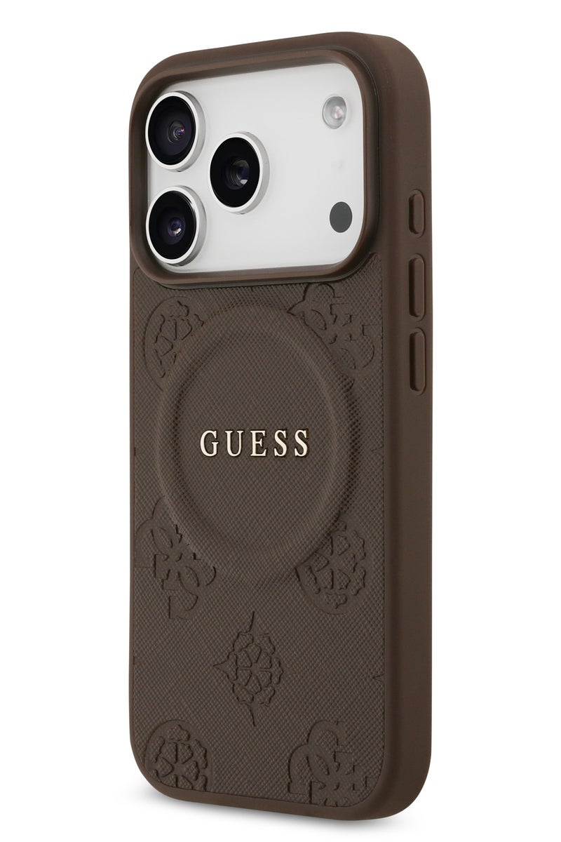GUESS iPhone 17 Pro MagSafe Case PU Leather  With Peony Hot Stamp Design With Classic Logo  / Magsafe Compatible / Ultra Slim / lightweight design / Easy Installation - Brown - Image 2