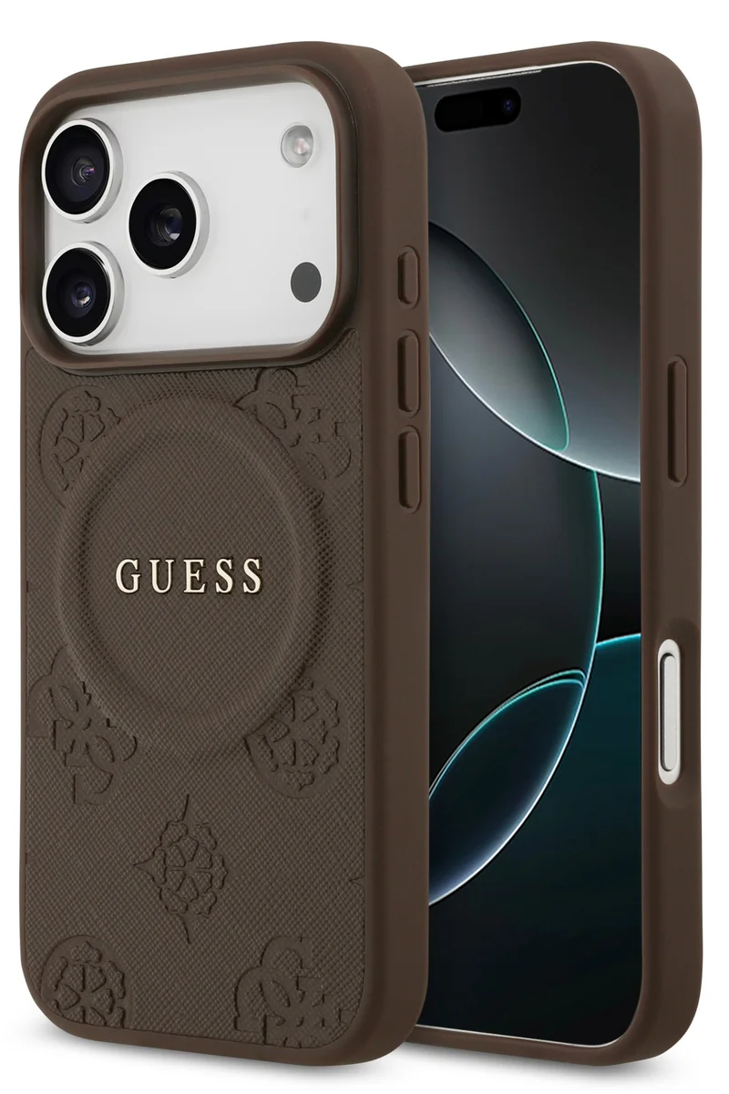 جس جراب ماج لهاتف iPhone 17 Pro مصنوع من جلد البولي يوريثان بتصميم ختم الفاوانيا الساخن مع شعار كلاسيكي / متوافق مع ماج / نحيف للغاية / تصميم خفيف الوزن / سهل التركيب - بني