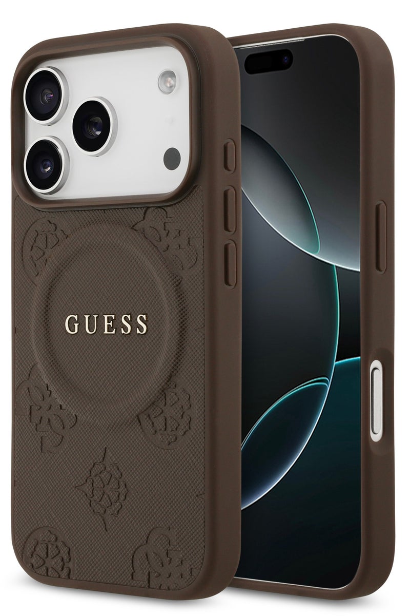 GUESS iPhone 17 Pro MagSafe Case PU Leather  With Peony Hot Stamp Design With Classic Logo  / Magsafe Compatible / Ultra Slim / lightweight design / Easy Installation - Brown - Image 1