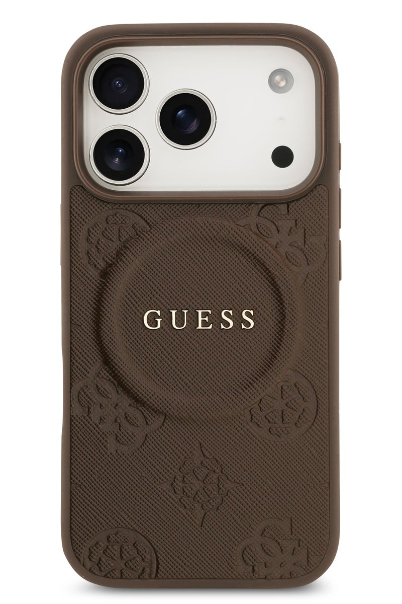 GUESS iPhone 17 Pro MagSafe Case PU Leather  With Peony Hot Stamp Design With Classic Logo  / Magsafe Compatible / Ultra Slim / lightweight design / Easy Installation - Brown - Image 3