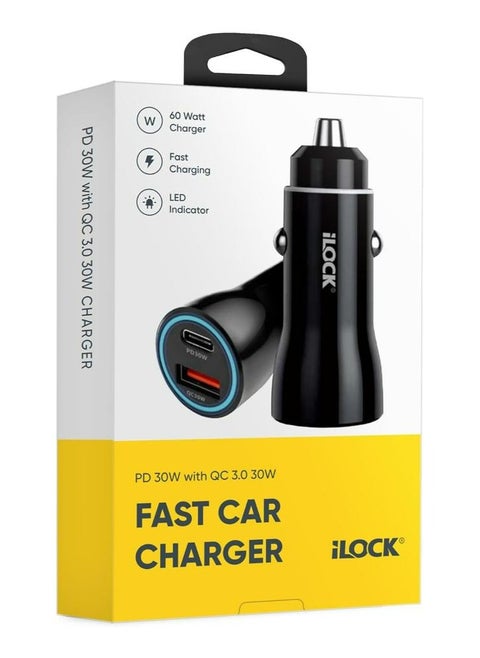 iLOCK 60W Dual Port Car Fast Charger | USB-C & USB-A | PD 30W + QC 30W | LED Indicator