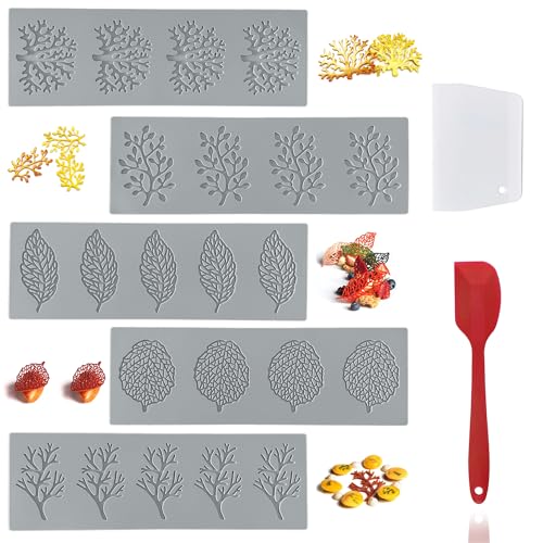 RHVQ 7Pcs Leaf Silicone Fondant Molds with Dough Scraper Silicone Spatula, 3D Coral Branch Leaf Chocolate Molds, DIY Baking, Sugar Craft, Wax, Gum Paste, Cupcakes, Clay - Image 1