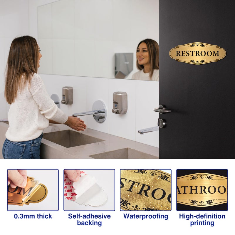 LUHIMO Restroom Sign Sticker for Business & Home, Self-Adhesive Brushed Gold Elegant Bathroom Signs for Door, Durable & Waterproof Unisex Restroom Signage for House toilet, Office, Store, Shop - Image 3