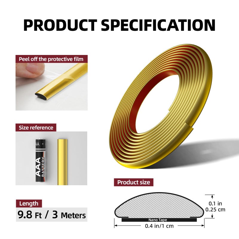 JSIWOTH 9.8 Ft Peel and Stick Wall Molding Trim, D-Shape Flexible Molding Trim Matte Gold for Backsplash, Mirror, Wall, Window & Door Frames, Waterproof Self Adhesive Trim(W:0.4", T:0.1") - Image 4