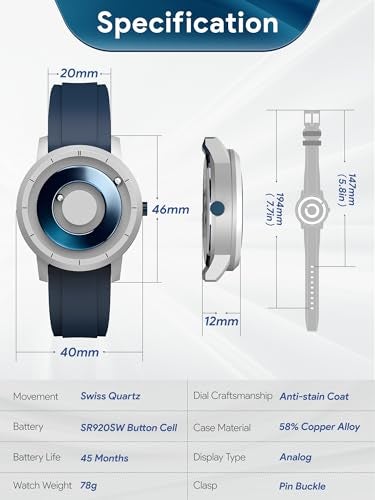 EUTOUR Magnetic Watches for Men 5ATM 40MM Specular Dial Quartz Magnet Watches with Ball Bearings and Silicone Watch Bands Idea for Men Unique Men's Wrist Analog Watch Silver Blue - Image 4