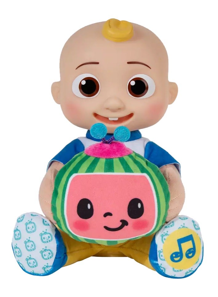 Jazwares Cocomelon Doll Peek-A-Boo JJ Plush Doll, Battery Operated | Press the Foot to Activate Musical Sounds & Phrases! | Soft Toy | Interactive Plush Toy for Baby and Toddler | Educational Toy | Early Learning Toy | Helps with Motor Skill Development | Perfect Gift for Baby and Toddler - Image 2
