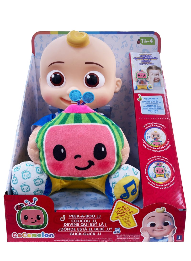 Jazwares Cocomelon Doll Peek-A-Boo JJ Plush Doll, Battery Operated | Press the Foot to Activate Musical Sounds & Phrases! | Soft Toy | Interactive Plush Toy for Baby and Toddler | Educational Toy | Early Learning Toy | Helps with Motor Skill Development | Perfect Gift for Baby and Toddler - Image 1