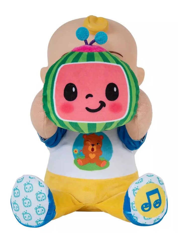 Jazwares Cocomelon Doll Peek-A-Boo JJ Plush Doll, Battery Operated | Press the Foot to Activate Musical Sounds & Phrases! | Soft Toy | Interactive Plush Toy for Baby and Toddler | Educational Toy | Early Learning Toy | Helps with Motor Skill Development | Perfect Gift for Baby and Toddler - Image 3