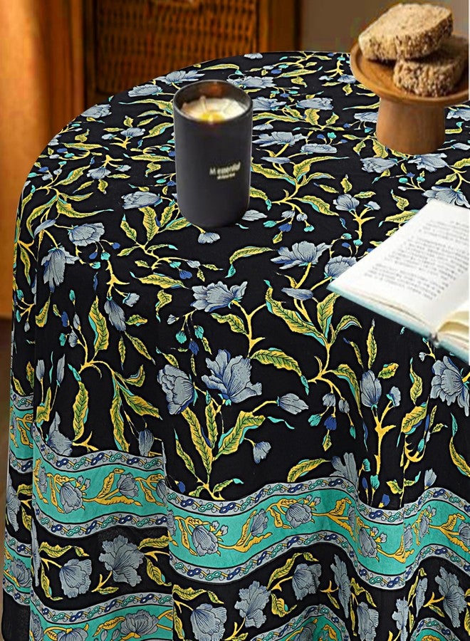 India Arts French Floral Round Tablecloth 90 Inch Blue on Black, 100% Cotton Tablecloth Round Washable Table Cloth for Kitchen Dining, Weddings, Holiday Party, Restaurant, Spring/Summer/Fall - Image 2