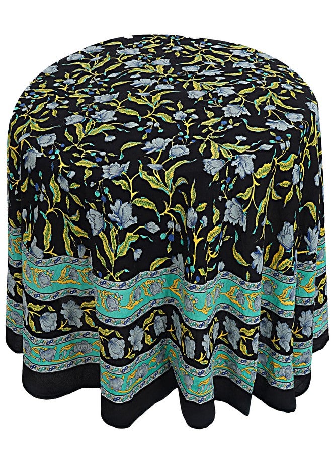 India Arts French Floral Round Tablecloth 90 Inch Blue on Black, 100% Cotton Tablecloth Round Washable Table Cloth for Kitchen Dining, Weddings, Holiday Party, Restaurant, Spring/Summer/Fall - Image 1