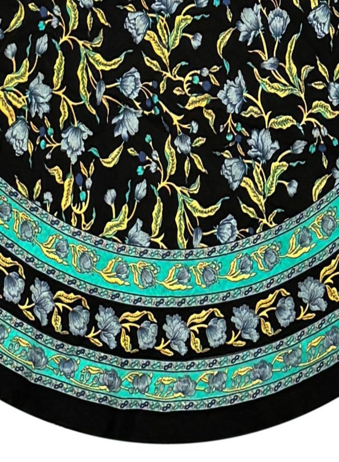 India Arts French Floral Round Tablecloth 90 Inch Blue on Black, 100% Cotton Tablecloth Round Washable Table Cloth for Kitchen Dining, Weddings, Holiday Party, Restaurant, Spring/Summer/Fall - Image 4