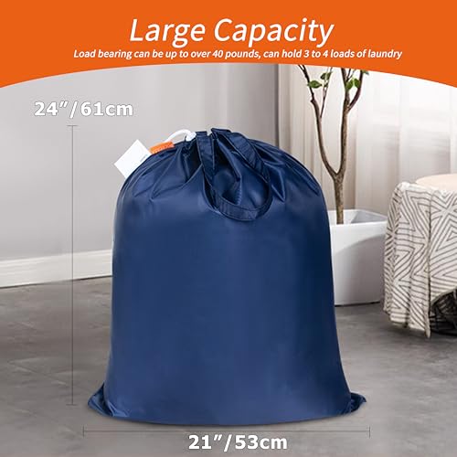 Polecasa Extra Heavy-Duty Laundry Bag 21x24”- Machine Washable Small Storage Bag with Reinforced Handles & Drawstring Closure & ID Tag for College Dorm Travel -Navy - Image 3