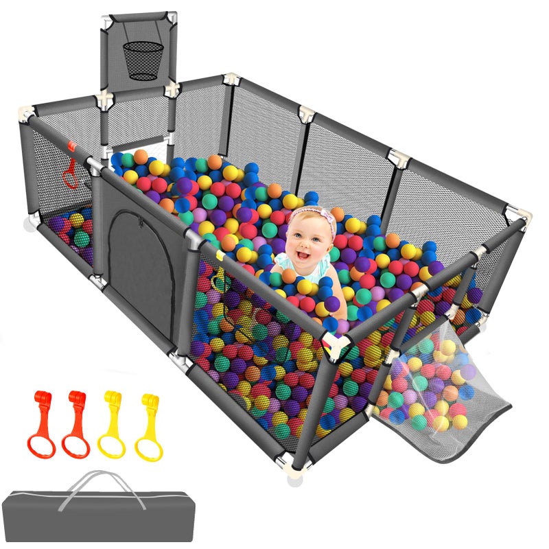 SZBOB Large Baby Playpen 7450 Ball Pit for Toddlers Babies with Basketball Hoop Soccer Nets Kids Activity Fence Play Yard with AntiSlip Base Soft Breathable Mesh No Ocean Balls Grey 